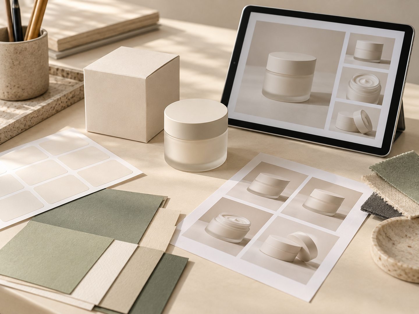 Product branding, packaging samples, color swatches and digital presentation workspace