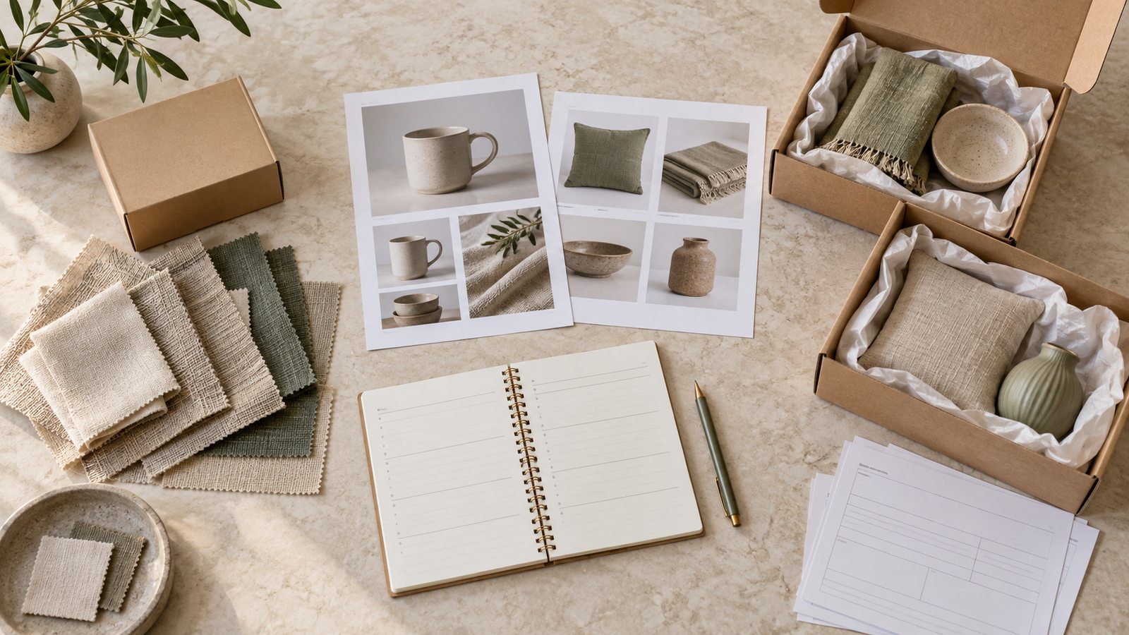 Product samples, presentation sheets and sample shipping boxes prepared for sourcing coordination