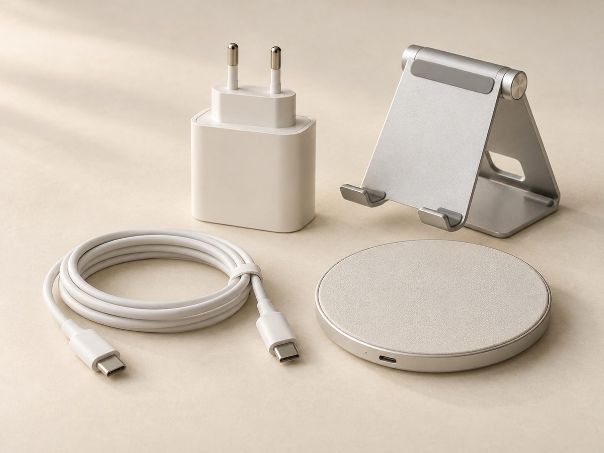 Unbranded charging accessories, USB-C cable and device stand