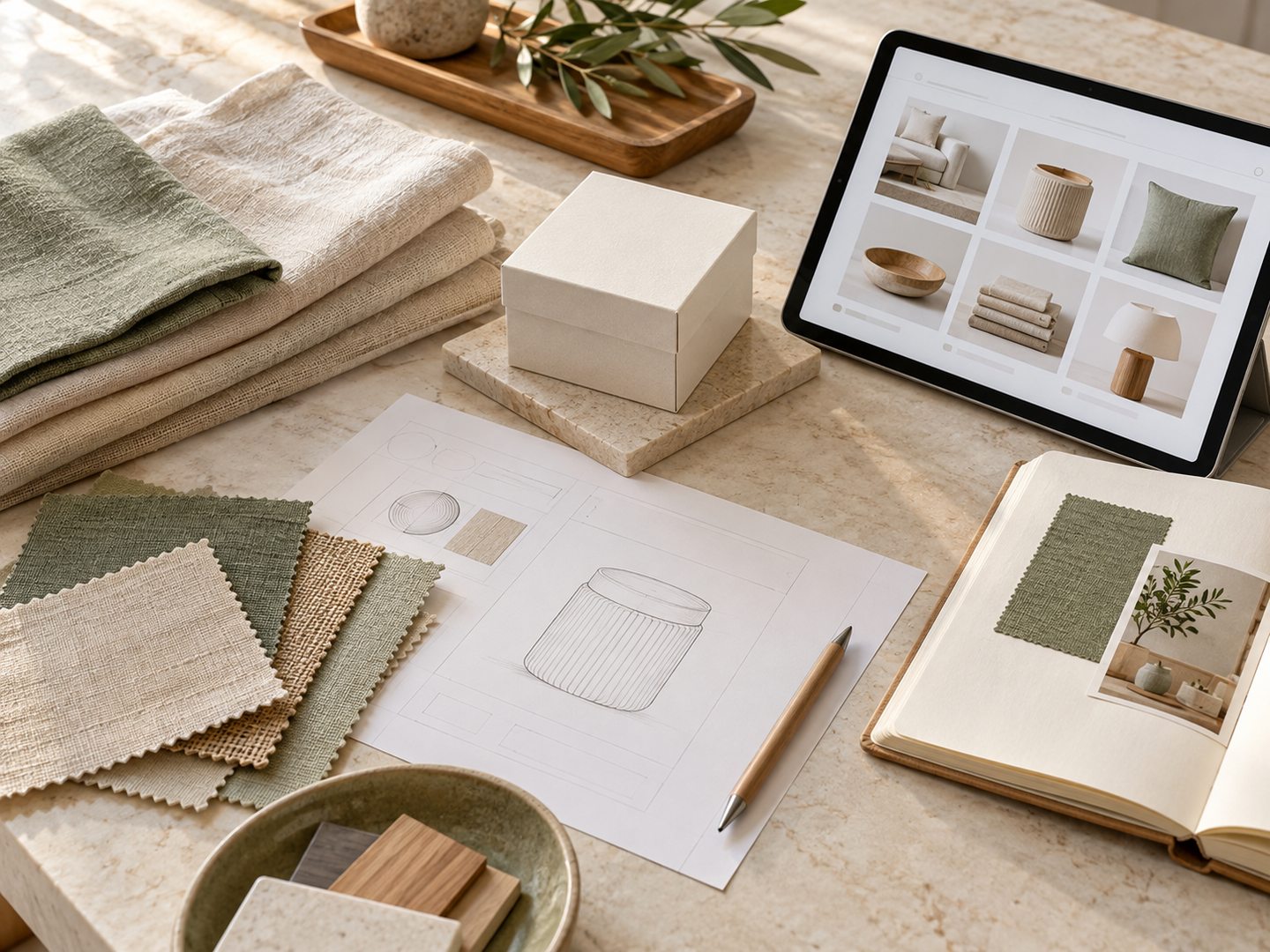 Product sourcing worktable with textile samples, packaging, specification sheets and a digital catalog